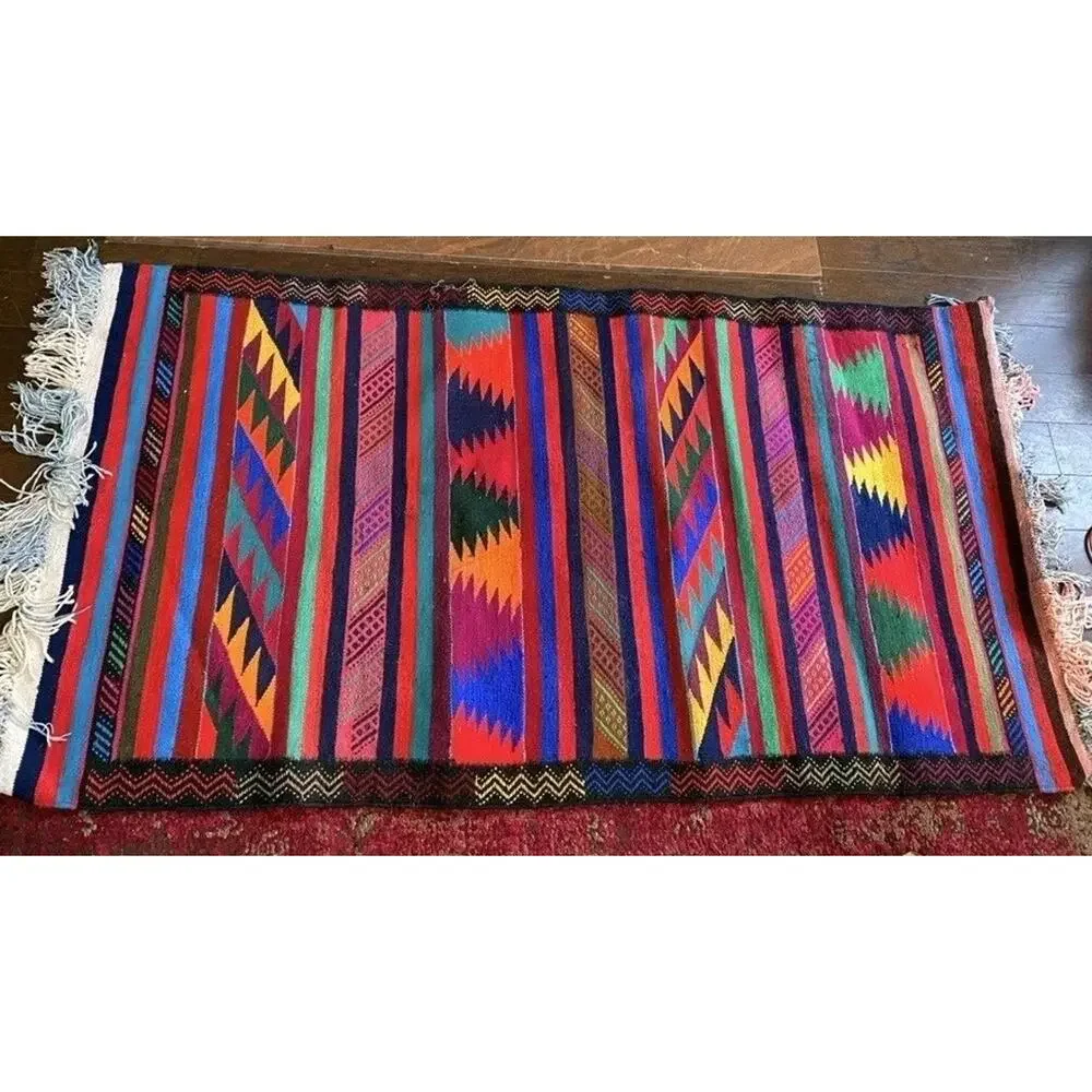 Vintage Turkish Kilim Rug 35x49 Wool Hand Woven Tribal Boho Accent Rug Striped